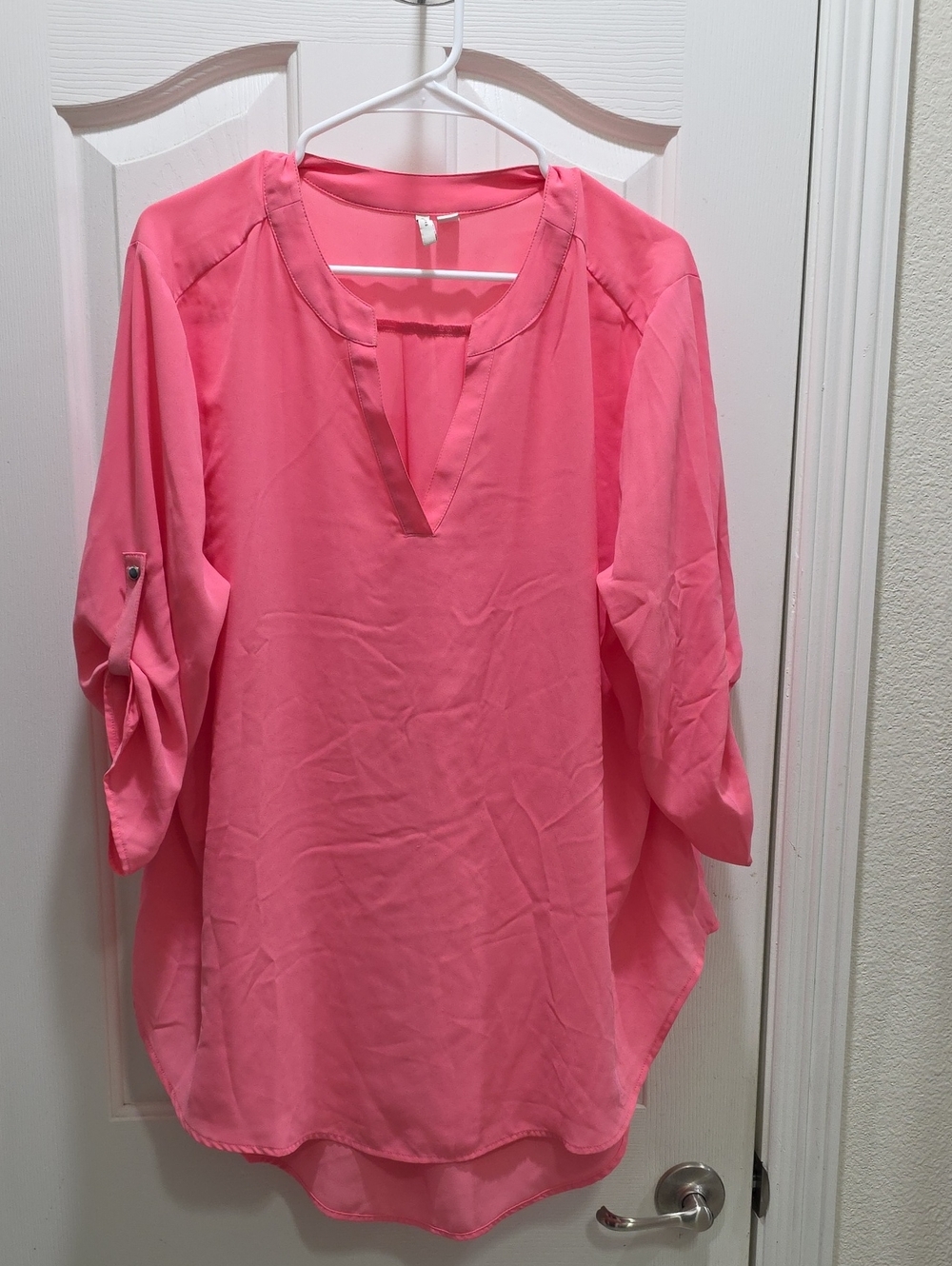 Women’s Peach V-Neck Roll-Sleeve Blouse